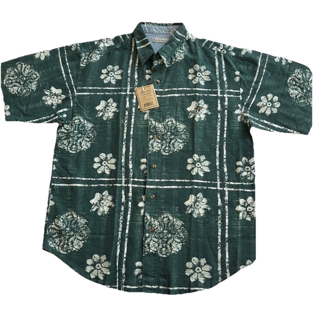 VTG Y2K Bugle Boy Original Green Batik All Over Print Button Up Camp Shirt-L-NWT